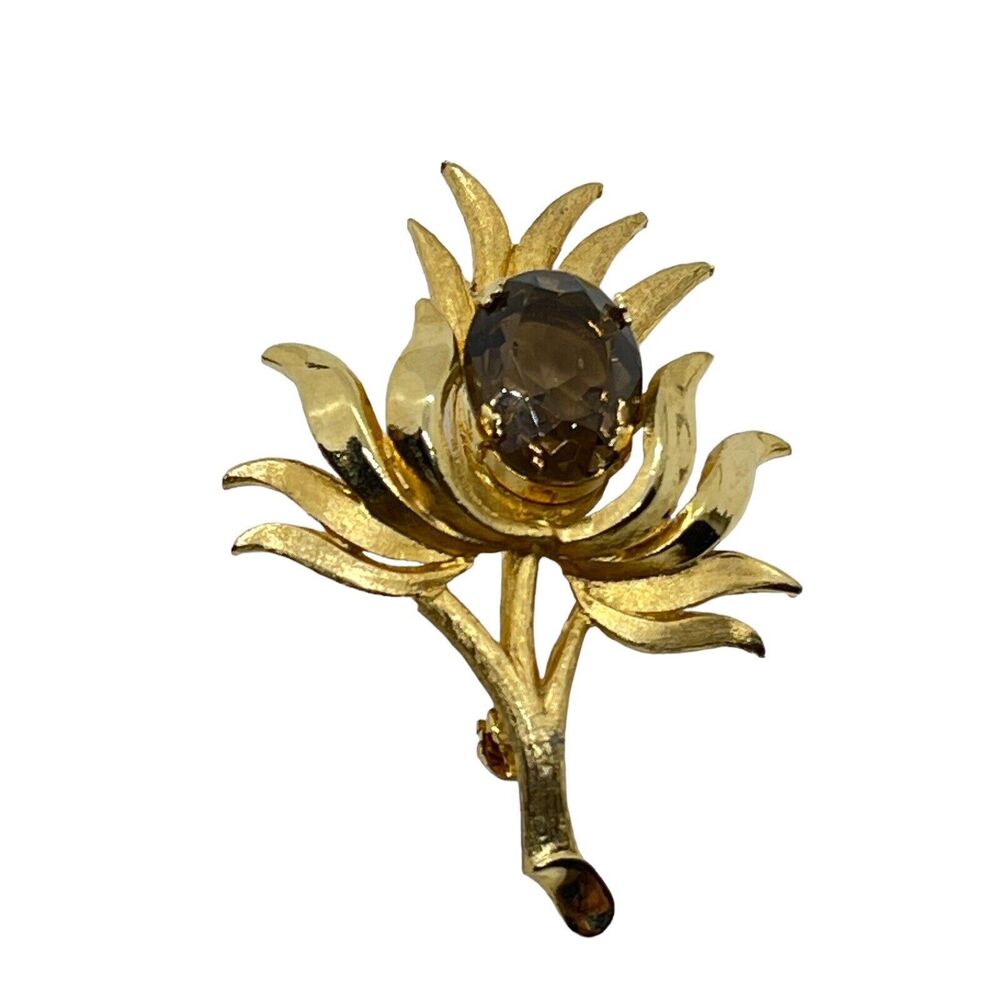 Brooks Scottish Thistle Brooch Pin Gold Tone Smkey Quartz Glass Signed Vintage
